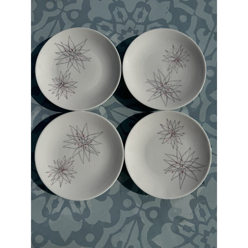 MCM Caribe Pink Fancy Atomic Starburst Plates Set of 4 White Gray Dinnerware VTG
